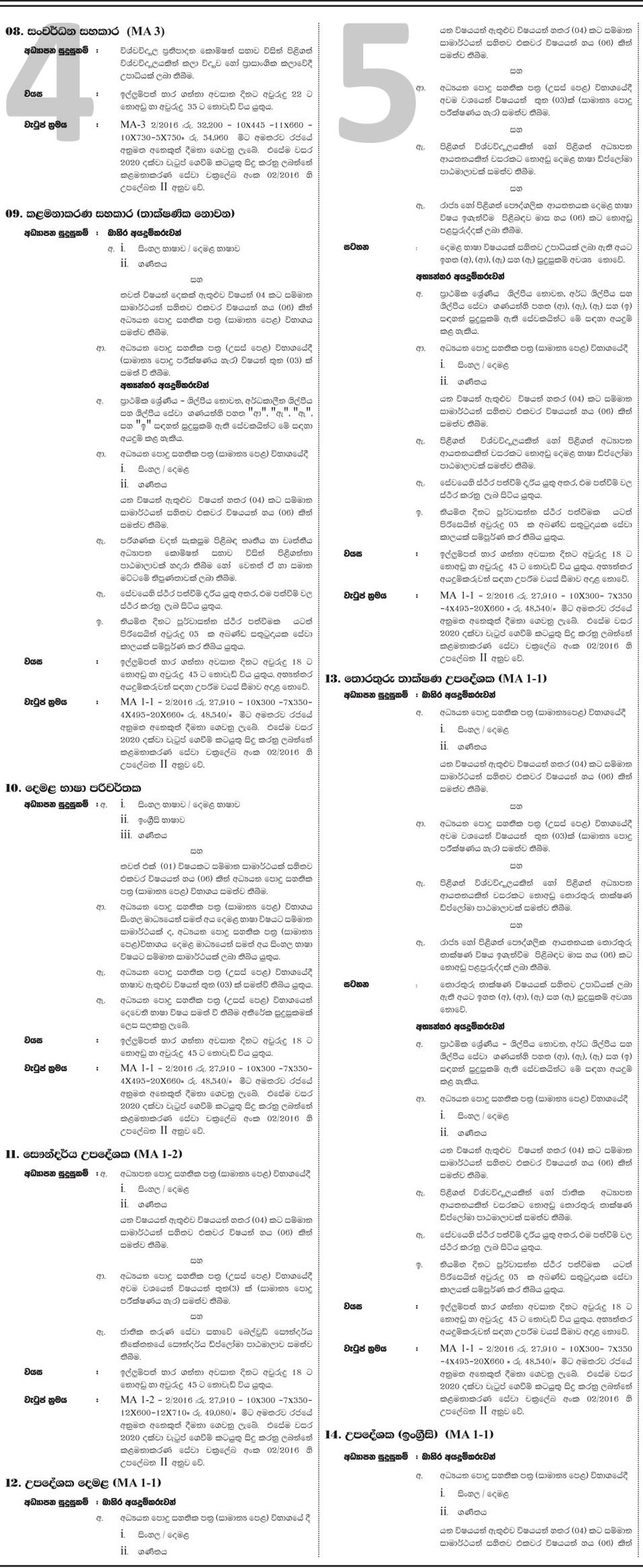 Development Assistant, Management Assistant, Additional Director, Board Secretary/Legal Officer, Administration Officer, Procurement Officer, Technical Officer, Tamil Translator, Instructor, Officer in Charge - National Youth Corps